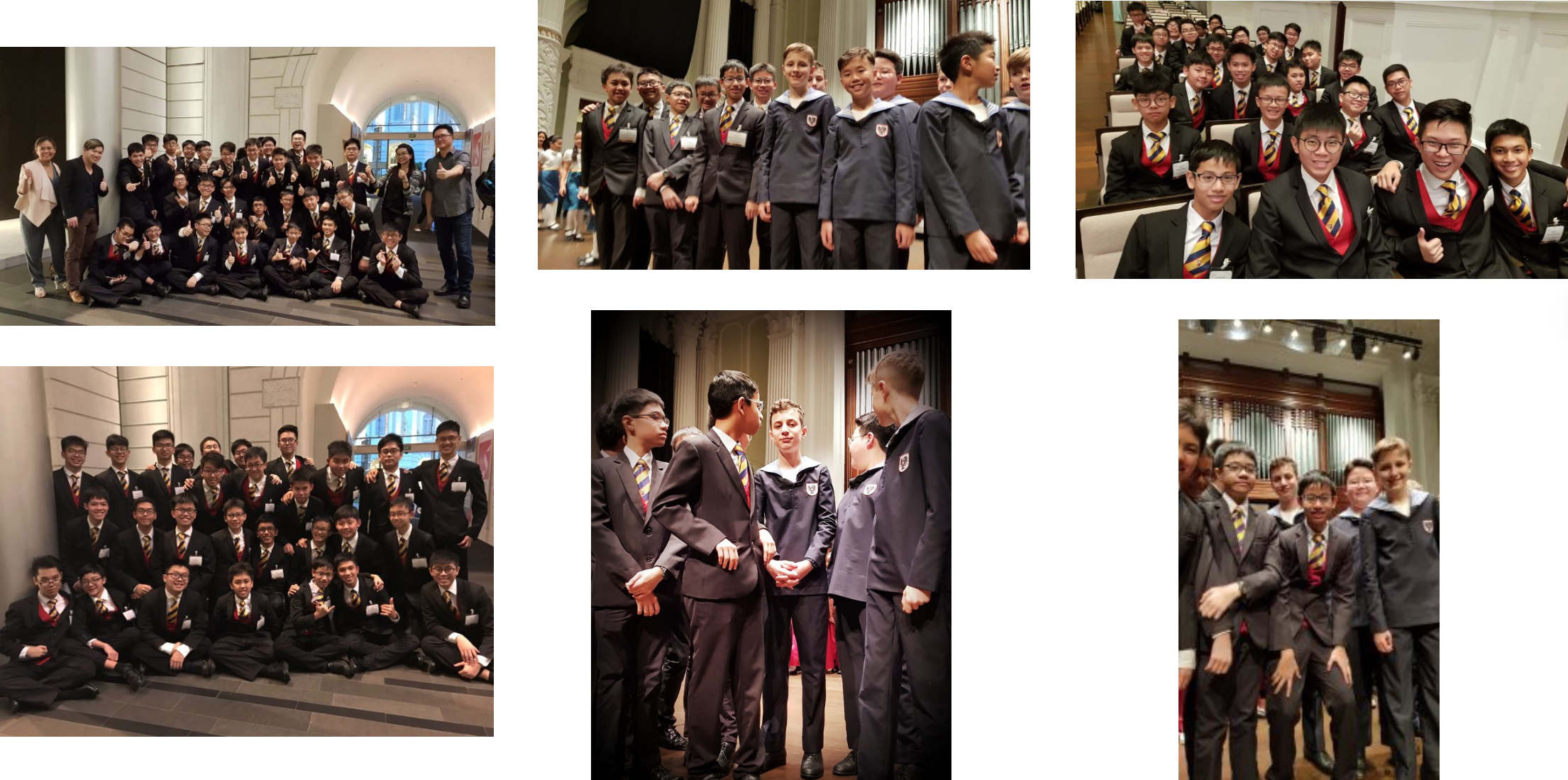 Five group photos of boys in formal uniforms posing together indoors, some giving thumbs up.